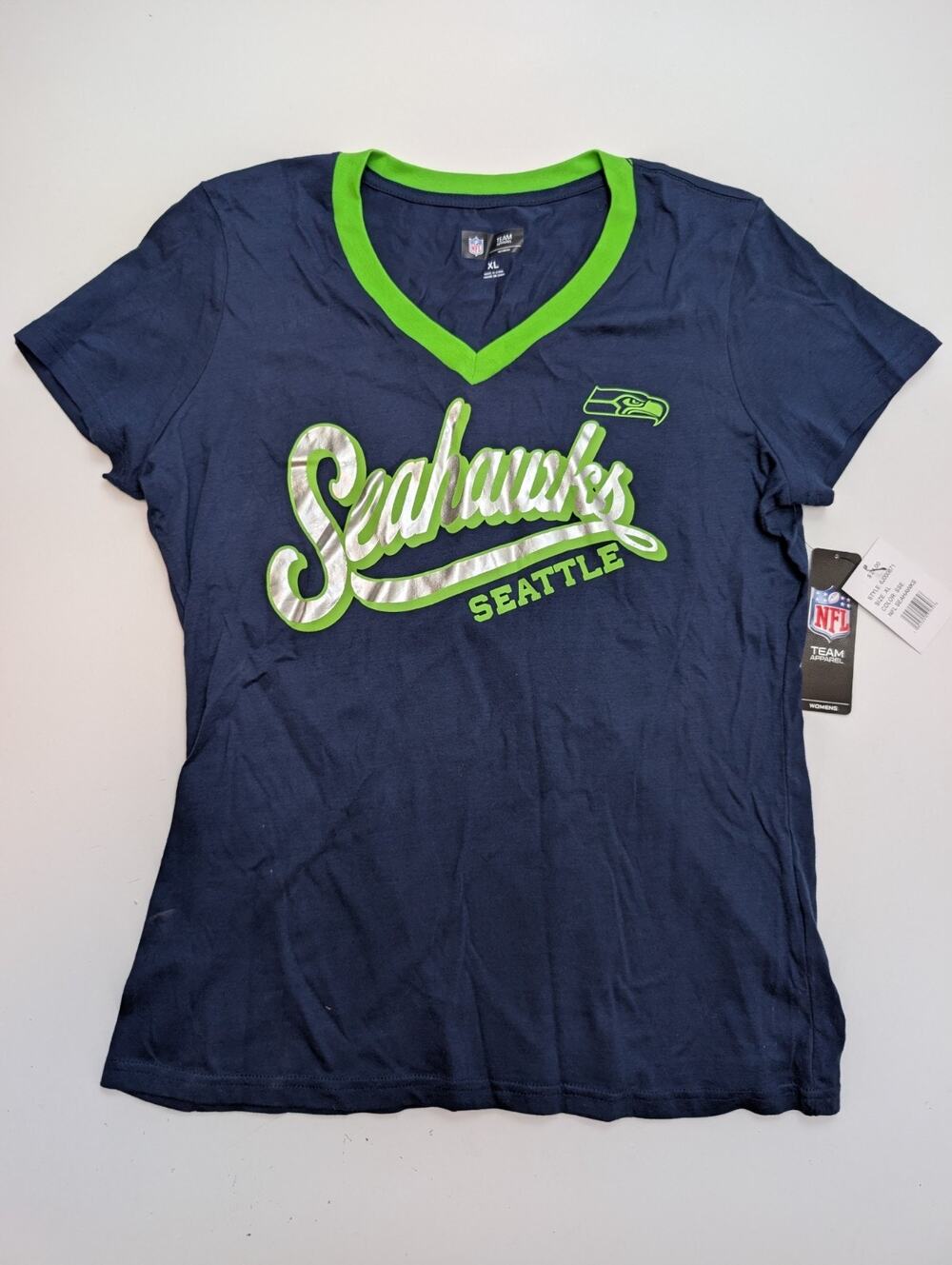 Seattle Seahawks NFL Women's Football Foil Script Logo T-Shirt Size XL